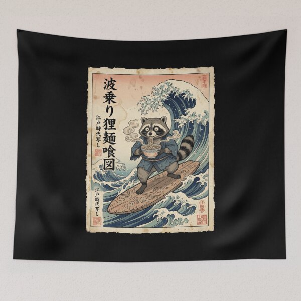 Item preview, Surfing Raccoon Ramen Great Wave Japanese Ukiyo-e Art Funny designed and sold by Bongocomic.
