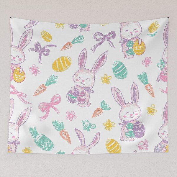 Item preview, Cute Easter Bunny Pattern – Hand Drawn Bunnies with Eggs, Carrots & Flowers Pastel Spring Seamless Pattern designed and sold by skysshobu.
