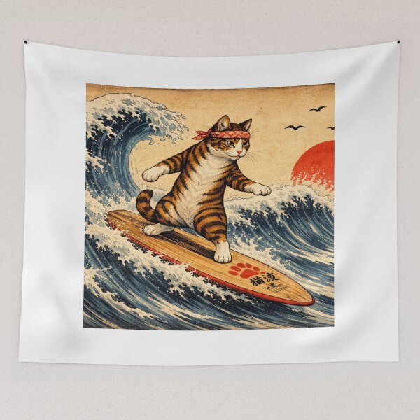 Aperçu de l'œuvre Surf Cat – Style vague japonaise créée et vendue par CreativestuffCo.