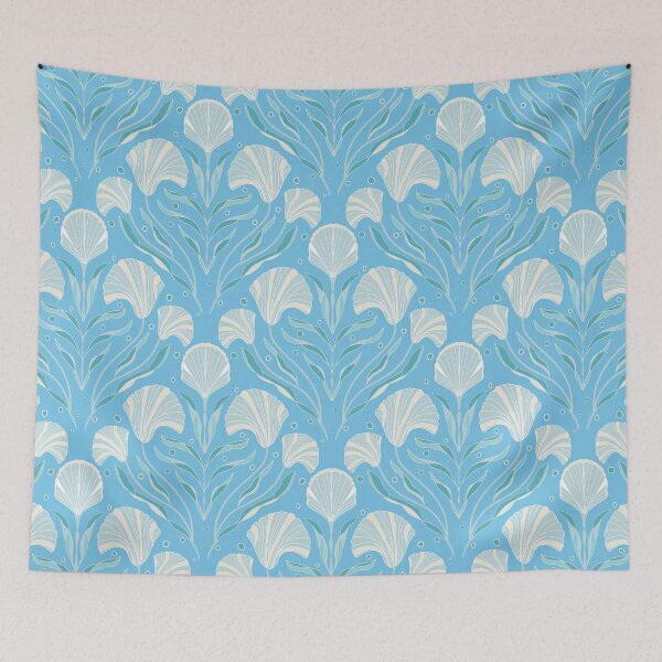 Item preview, Modern coastal seashells and seaweed - shells flowing seaweed on soft blue designed and sold by ahahdodo.