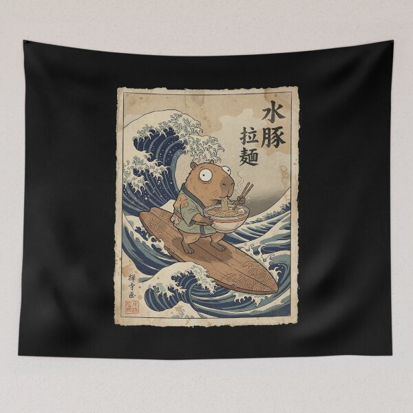 Item preview, Capybara Ramen Surfer - Ukiyo-e Great Wave Style designed and sold by Bongocomic.