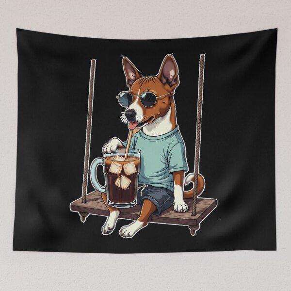 Item preview, Basenji drinking ice coffee on a swing - DIGOR Pullover Hoodie designed and sold by AlisonPAnderson.