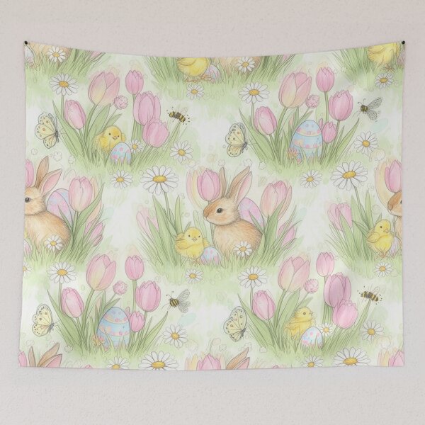 Item preview, Cute Spring Garden Easter Pattern – Hand Drawn Rabbits, Chicks, Flowers & Hidden Eggs Seamless Pastel Design designed and sold by skysshobu.