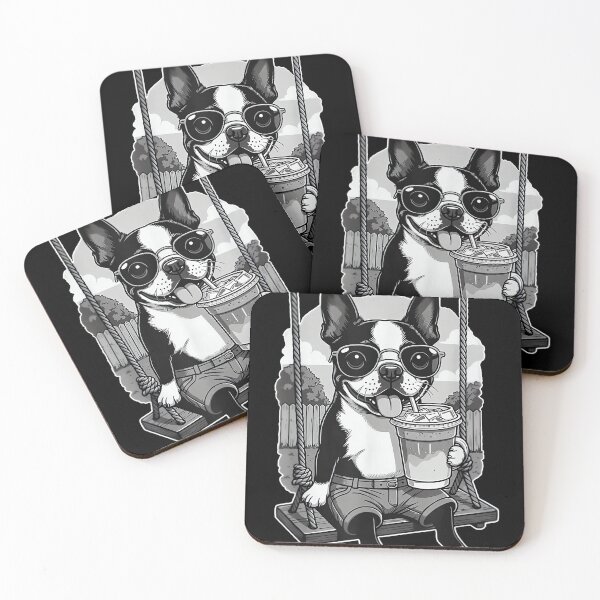 Item preview, Boston Terrier Drinking ice Coffee end Swing b&w DIGOR designed and sold by AlisonPAnderson.