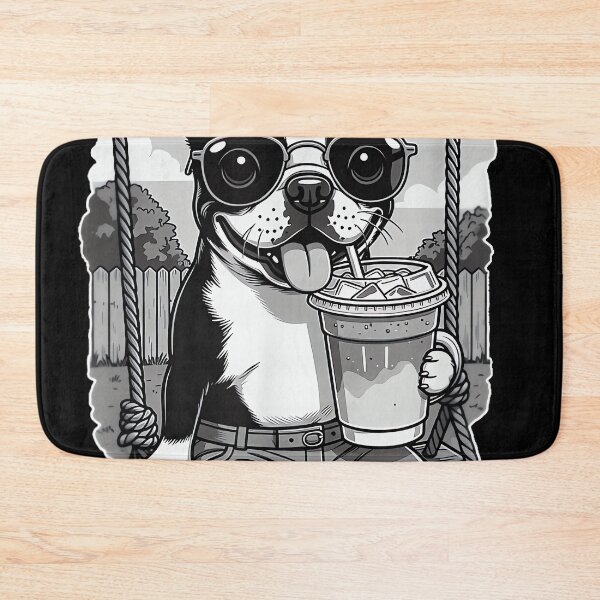 Item preview, Boston Terrier Drinking ice Coffee end Swing b&w DIGOR designed and sold by AlisonPAnderson.