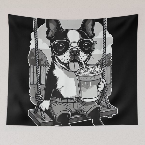 Item preview, Boston Terrier Drinking ice Coffee end Swing b&w DIGOR designed and sold by AlisonPAnderson.