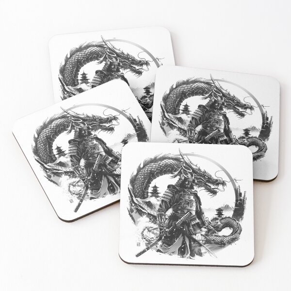 Item preview, Samurai Warrior with Dragon Japanese Fantasy Black and White Art designed and sold by inkoutninja.