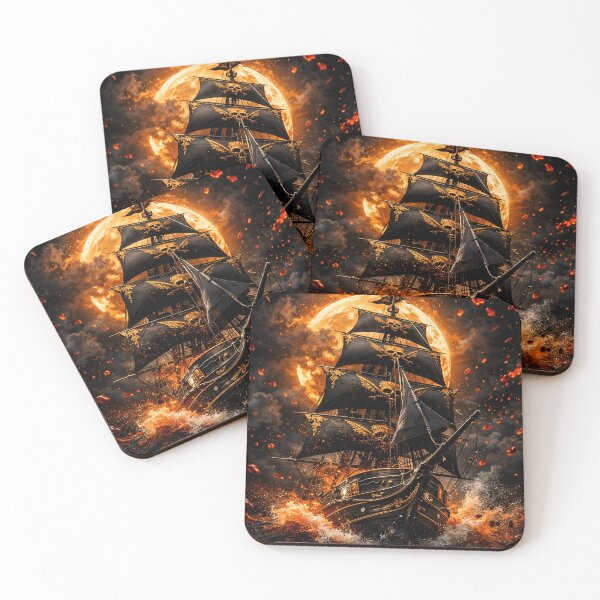 Item preview, Black Pirate Ship Under Fiery Full Moon designed and sold by Kaleidoscope Print.