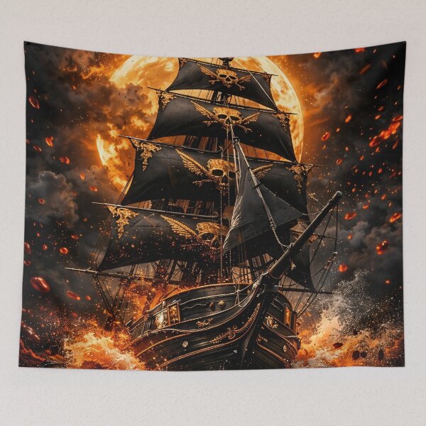 Item preview, Black Pirate Ship Under Fiery Full Moon designed and sold by Kaleidoscope Print.