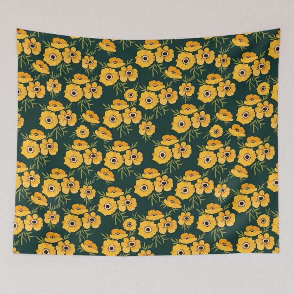 Item preview, Golden Wildflower Pattern on Deep Green Botanical designed and sold by QuietBloom80.