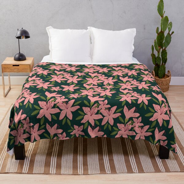 Item preview, Pink Lily Blossom Pattern on Deep Forest Green designed and sold by QuietBloom80.