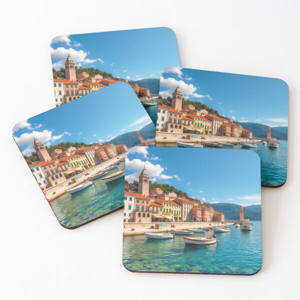Item preview, Mediterranean Waterfront Village with Clear Blue Harbor designed and sold by Jade Ado.