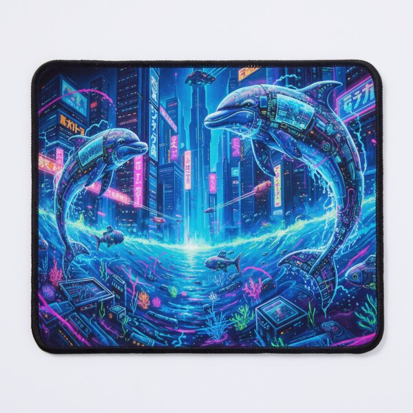 Item preview, Neon Tides: Cybernetic Dolphins Cyberpunk Wall Mural designed and sold by 3free3street - Neon & Graffiti Digital Art.