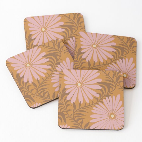 Item preview, Retro Floral Pattern Pink Daisy Mustard Brown Botanical 70s Print designed and sold by cadinera.