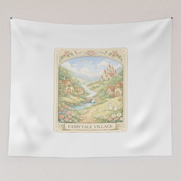 Item preview, Whimsical Fairytale Village Landscape with Flowers Cottage Bridge and Castle Illustration designed and sold by Teenidesign .