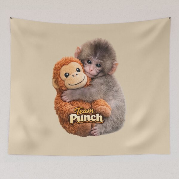 Item preview, Team Punch - Cute Sad Punch Baby Monkey Hugging Orangutan Plush Toy | Kawaii Comfort Friendship Team Punch Art designed and sold by PopCulturePixel.