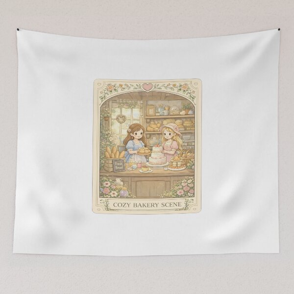 Item preview, Cozy Bakery Scene with Cute Girls Baking Cakes Bread and Pastries in Pastel Cottage Kitchen designed and sold by Teenidesign .