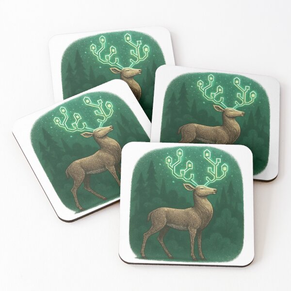 Item preview, Golden deer with glowing blockchain antlers in futuristic digital forest background designed and sold by Creative88Art.