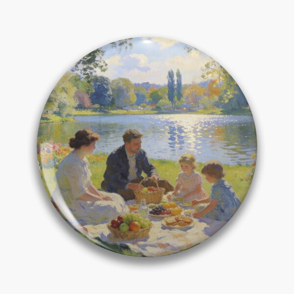 Artikelvorschau, Beautiful Lake Picnic Scene, Impressionist Landscape with Flowers and Mountains entworfen und verkauft von BlareBlare.