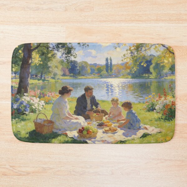 Item preview, Beautiful Lake Picnic Scene, Impressionist Landscape with Flowers and Mountains designed and sold by BlareBlare.