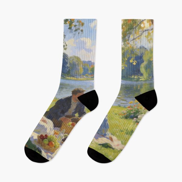 Item preview, Beautiful Lake Picnic Scene, Impressionist Landscape with Flowers and Mountains designed and sold by BlareBlare.