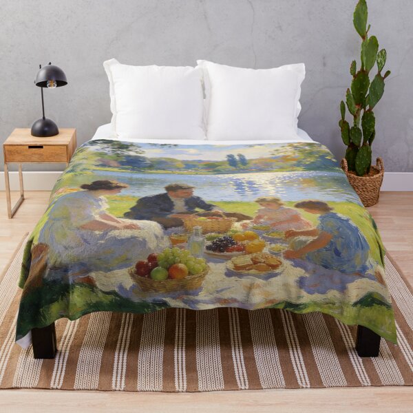 Item preview, Beautiful Lake Picnic Scene, Impressionist Landscape with Flowers and Mountains designed and sold by BlareBlare.