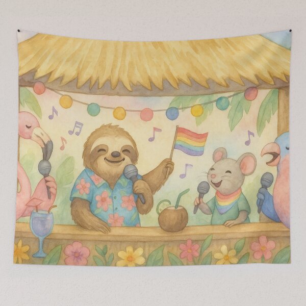 Item preview, Karaoke party on the beach with a sloth and a flamingo designed and sold by Mauswohn.