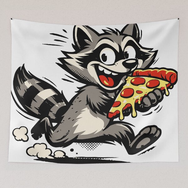 Item preview, A chaotic raccoon stealing pizza creates a humorous meme-style situation. The dynamic pose and expressive face make the design visually engaging designed and sold by Dejbar.