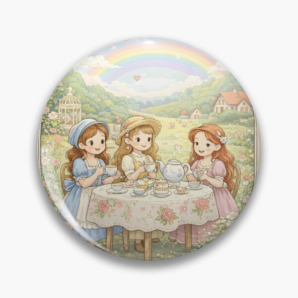 Item preview, Whimsical Tea Party with Girls Drinking Tea in Flower Garden under Rainbow Illustration designed and sold by Teenidesign .