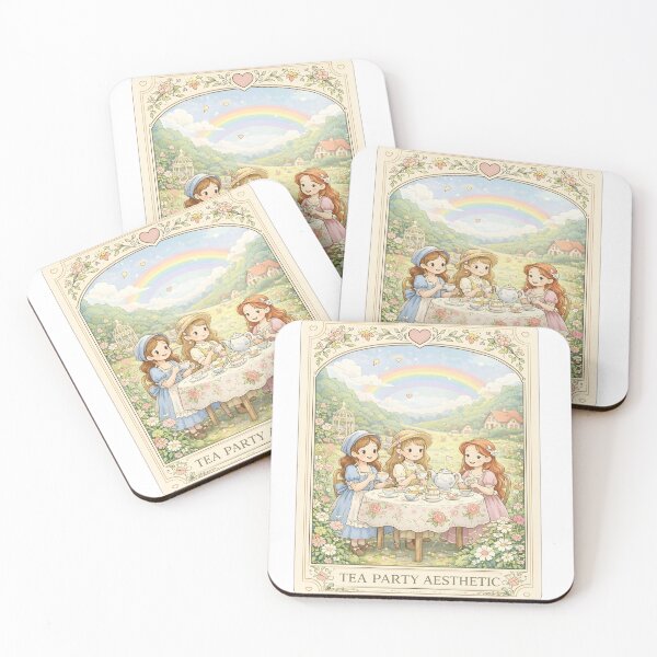 Item preview, Whimsical Tea Party with Girls Drinking Tea in Flower Garden under Rainbow Illustration designed and sold by Teenidesign .