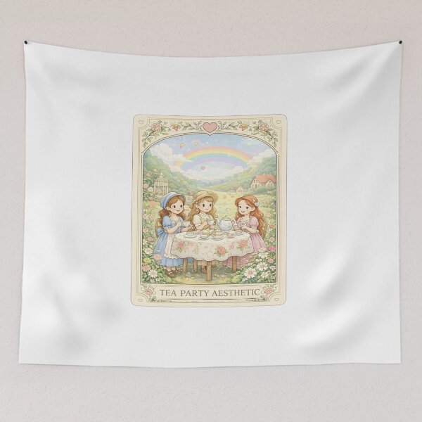 Item preview, Whimsical Tea Party with Girls Drinking Tea in Flower Garden under Rainbow Illustration designed and sold by Teenidesign .