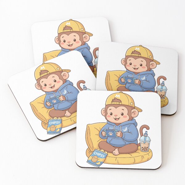 Item preview, Cute Gamer Monkey Playing Video Games Kawaii Monkey in Blue Hoodie with Boba Tea and Chips designed and sold by seven things shop.