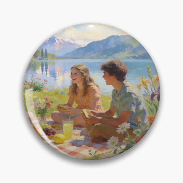 Artikelvorschau, Romantic Lakeside Picnic Artwork, People, Flowers & Food in Impressionism Style entworfen und verkauft von BlareBlare.