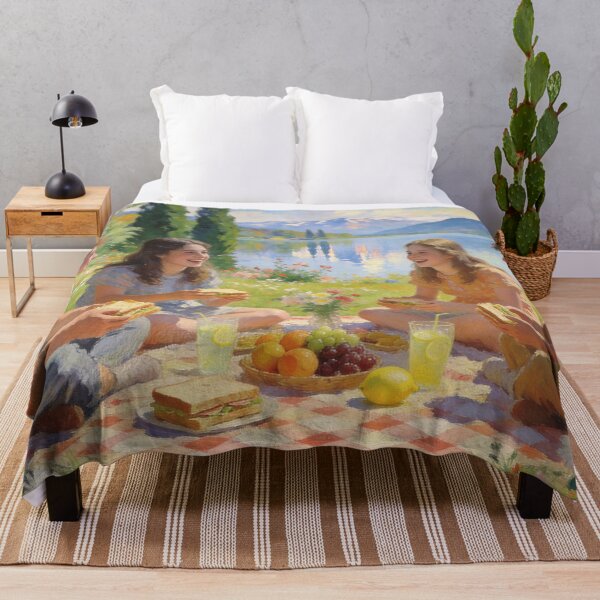 Item preview, Romantic Lakeside Picnic Artwork, People, Flowers & Food in Impressionism Style designed and sold by BlareBlare.