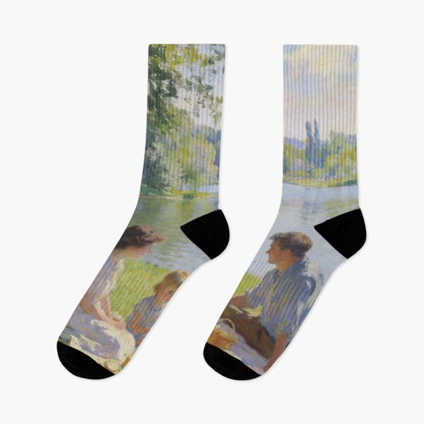 Item preview, Impressionist Picnic by the Lake Painting, Floral Landscape with Swans Wall Art designed and sold by BlareBlare.