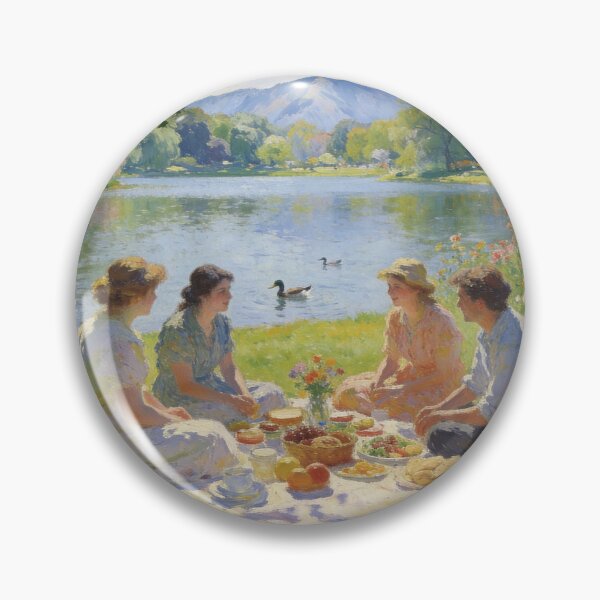 Artikelvorschau, Charming Lakeside Picnic Painting, Floral Meadow & Mountain Landscape Art entworfen und verkauft von BlareBlare.