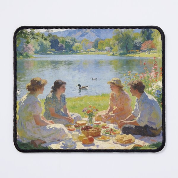 Item preview, Charming Lakeside Picnic Painting, Floral Meadow & Mountain Landscape Art designed and sold by BlareBlare.