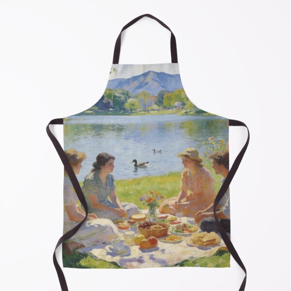 Artikelvorschau, Charming Lakeside Picnic Painting, Floral Meadow & Mountain Landscape Art entworfen und verkauft von BlareBlare.