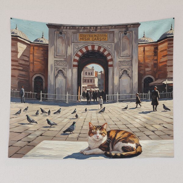Item preview, Istanbul Spice Bazaar Entrance & Cat - Oil Painting Art designed and sold by Ascend777.