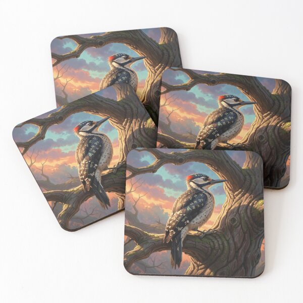 Item preview, Mystical Woodpecker at Sunset – Runic Feathers and Painterly Forest Magic in Vivid Colors designed and sold by FotoworldEdel.
