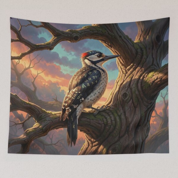 Item preview, Mystical Woodpecker at Sunset – Runic Feathers and Painterly Forest Magic in Vivid Colors designed and sold by FotoworldEdel.