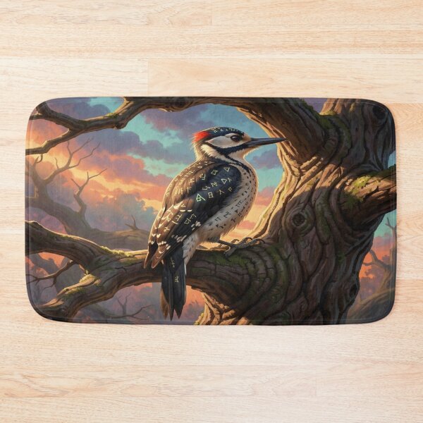 Item preview, Mystical Woodpecker at Sunset – Runic Feathers and Painterly Forest Magic in Vivid Colors designed and sold by FotoworldEdel.