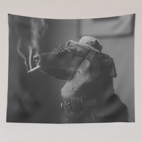Item preview, Vintage humorous dog in hat smoking cigarette funny black and white photograph poster art print designed and sold by Astrid Arkhangelsky.