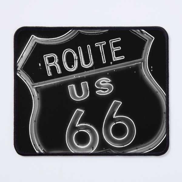 Item preview, Route 66 neon light road sign vintage black and white photograph poster art print designed and sold by Astrid Arkhangelsky.