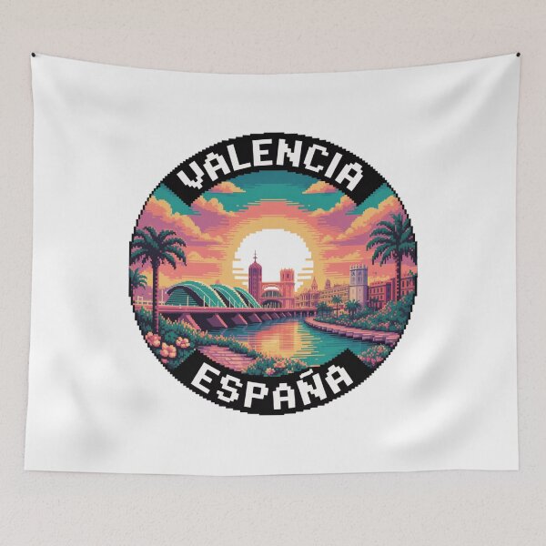 Item preview, Valencia Spain Pixel Art: Sunset Skyline Illustration designed and sold by CircinusStore.