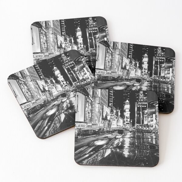 Item preview, Times Square, neon city lights, New York City black and white time lapse photograph poster art print designed and sold by Astrid Arkhangelsky.