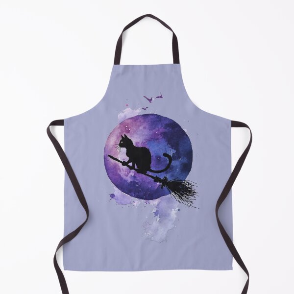 Item preview, Black Cat on Broomstick Full Moon Watercolor Halloween Witchy Art designed and sold by PixelQ.
