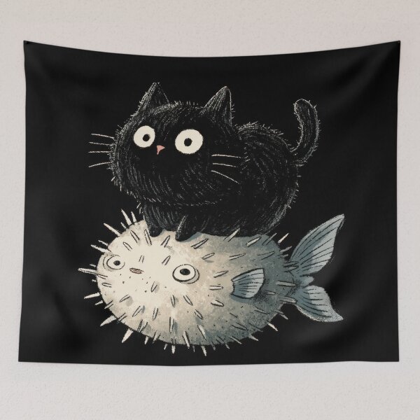 Item preview, Cat sits on pufferfish in art piece designed and sold by anytka.