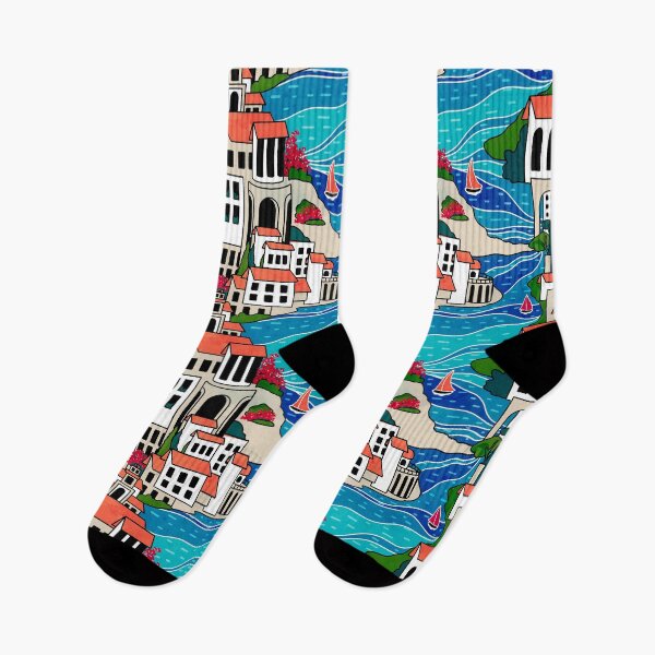 Item preview, Mediterranean Village Pattern Geometric Coastal Cityscape Art designed and sold by HillsandSheep.