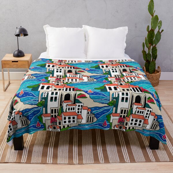Item preview, Mediterranean Village Pattern Geometric Coastal Cityscape Art designed and sold by HillsandSheep.